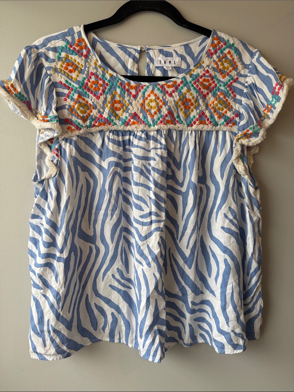 THML Blue & White Zebra Print Top with Colorful Embroidered Yoke fringe XL